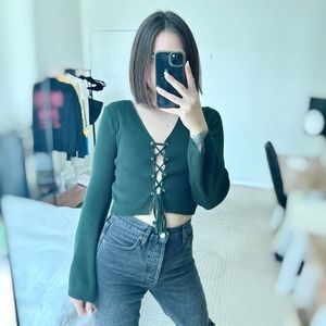 Aster Ribbed Knit Lace Up Strappy Long Sleeve Moss Green